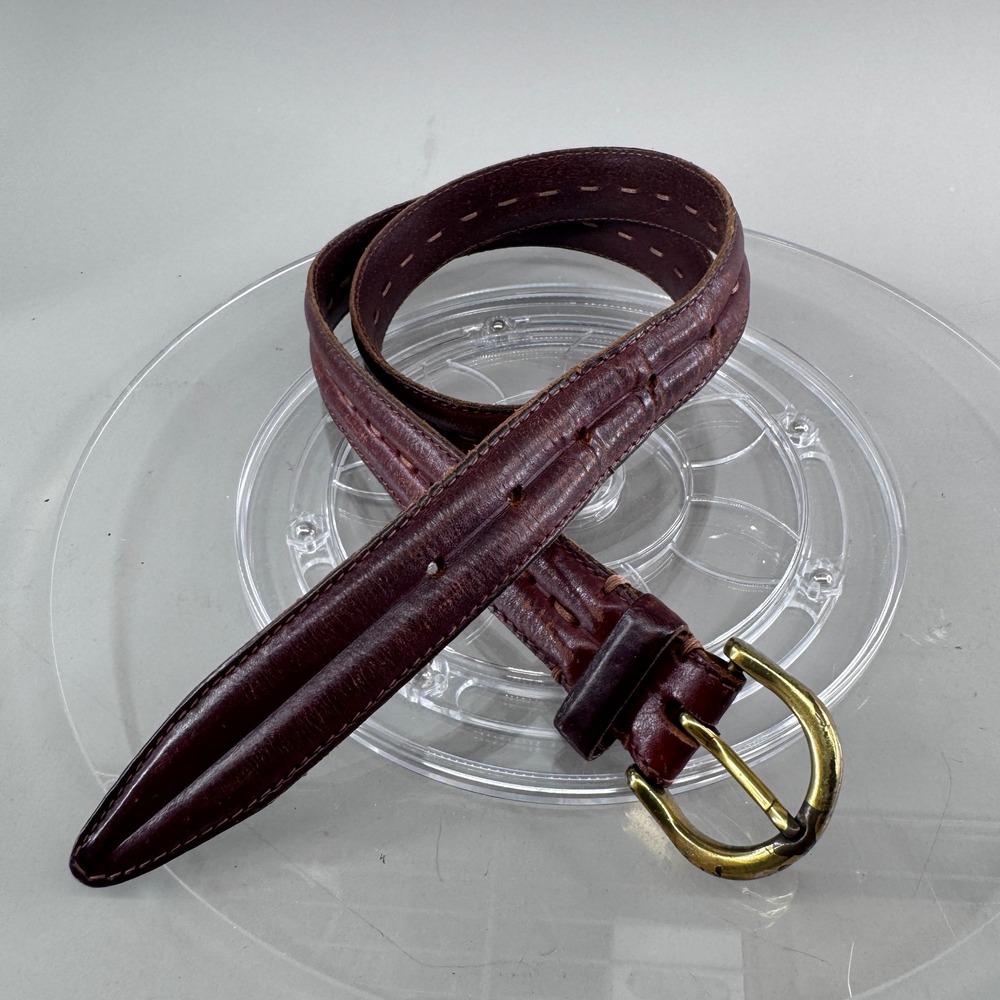 Mens Leather Belt Padded Contrast Stitch Brass Buckle Brown Burgundy Size 34